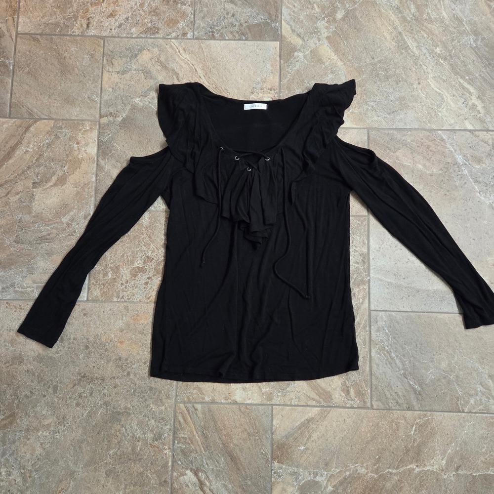 Cherish Black Cold Shoulder Ruffle Lace Up Long Sleeve Top Women M Boho